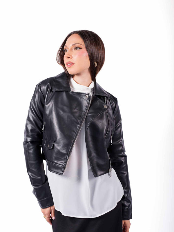 Giacca Biker Crop in Ecopelle Nera da donna Miss love