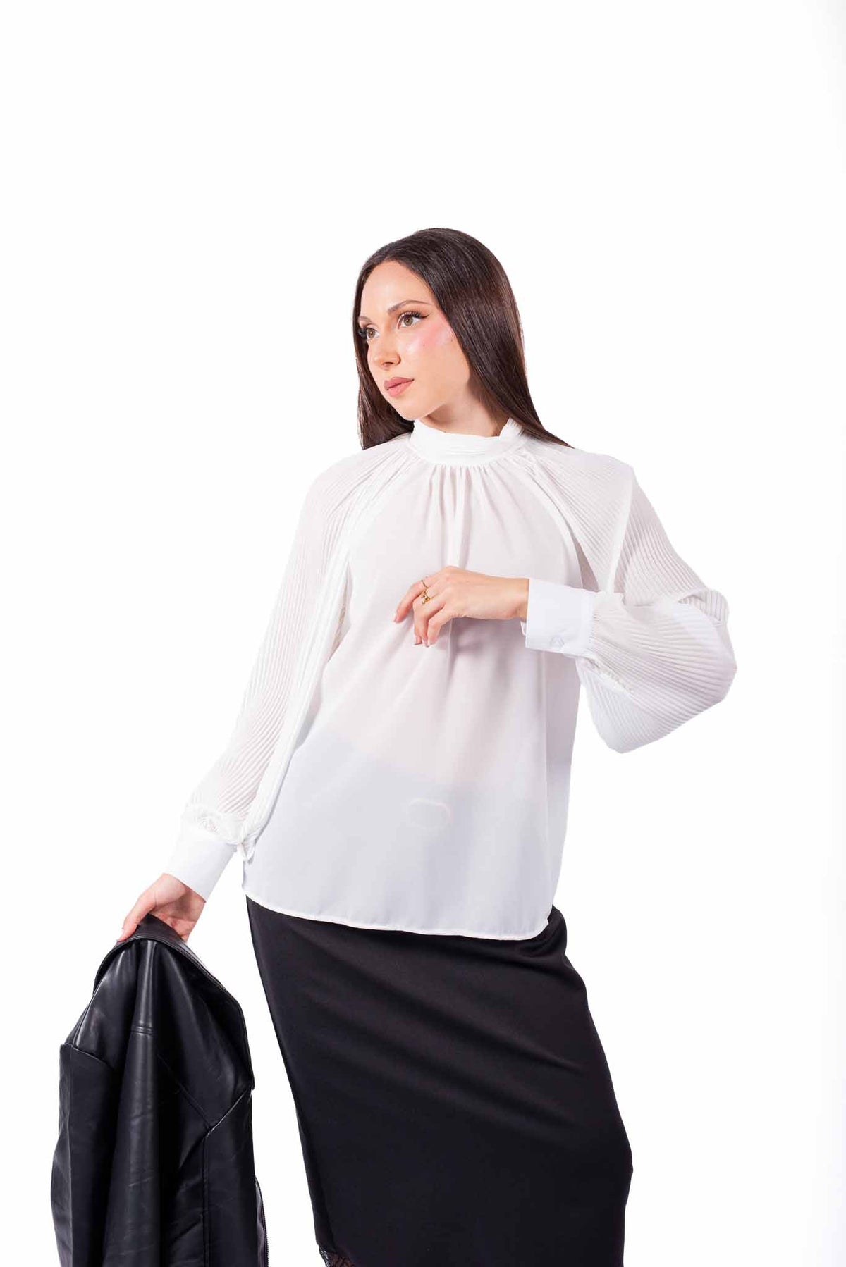 Blusa Bianca in Chiffon Plissè a Collo Alto donna Miss love - 4