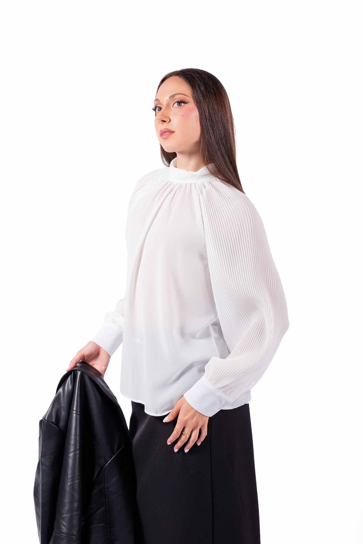 Blusa Bianca in Chiffon Plissè a Collo Alto donna Miss love - 1