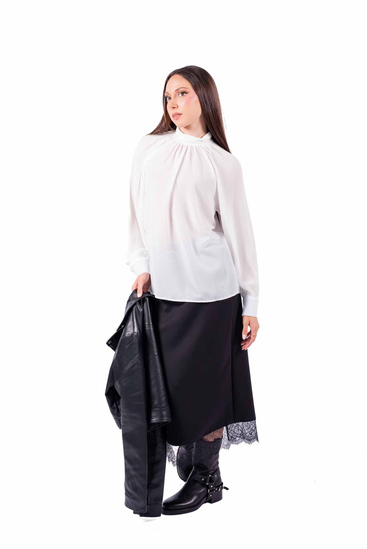 Blusa Bianca in Chiffon Plissè a Collo Alto donna Miss love - 2
