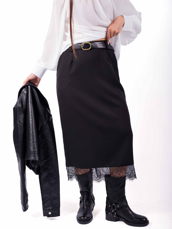 Gonna Midi Nera a Tubino con Pizzo e Cintura da donna Miss love