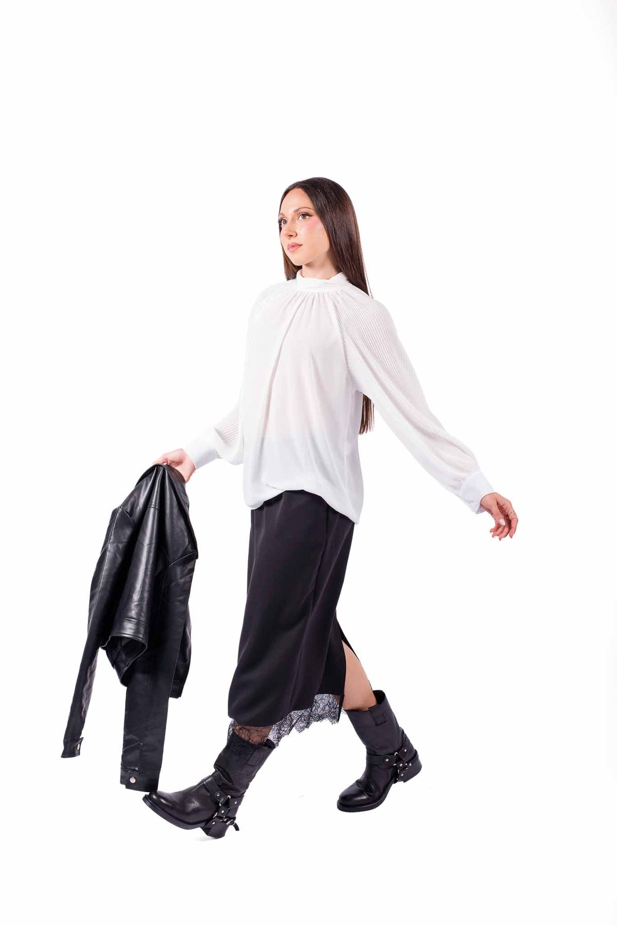 Blusa Bianca in Chiffon Plissè a Collo Alto donna Miss love - 3