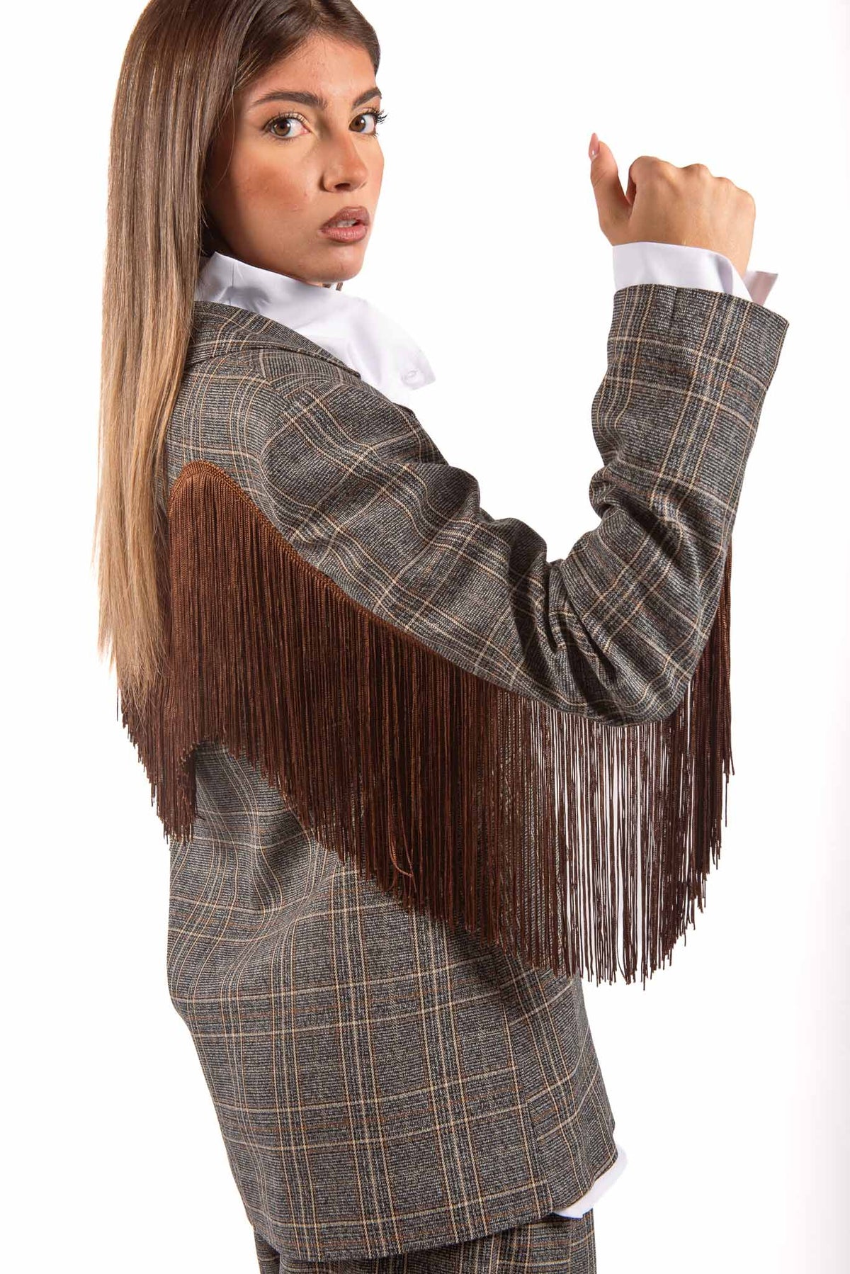 Blazer Monopetto a Quadri Tartan con Frange sul Retro donna Tensione in - 4