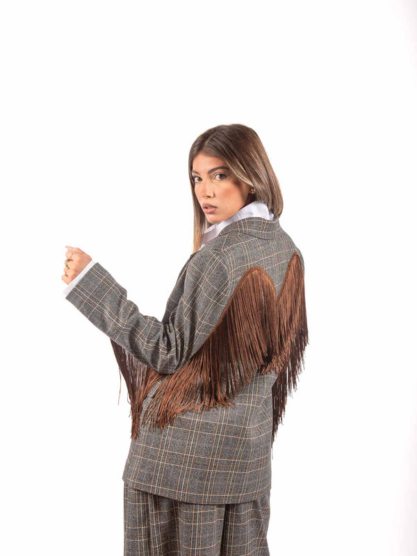 Blazer Monopetto a Quadri Tartan con Frange sul Retro da donna Tensione in