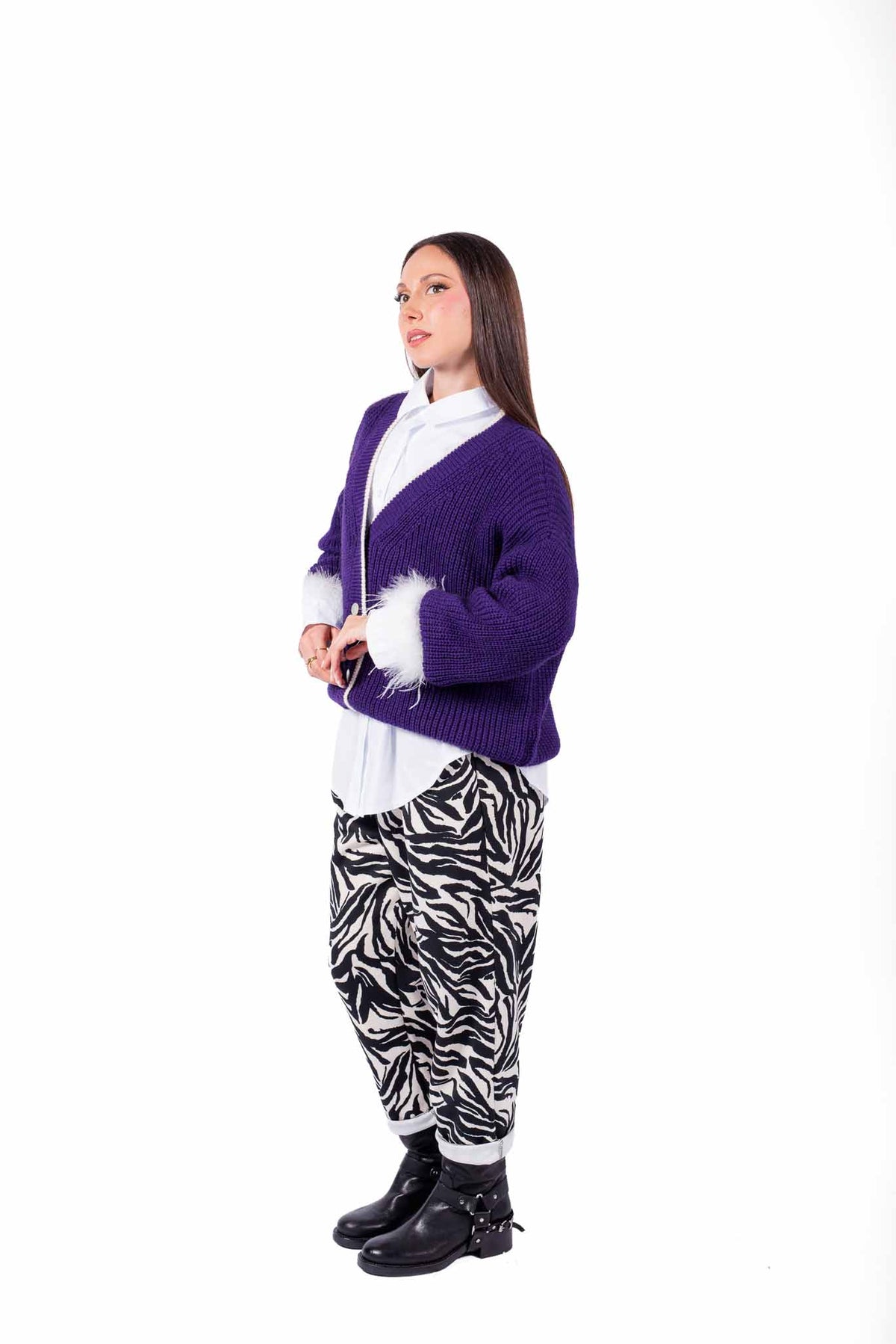 Cardigan Oversize Viola con Profili a Contrasto donna Miss love - 4