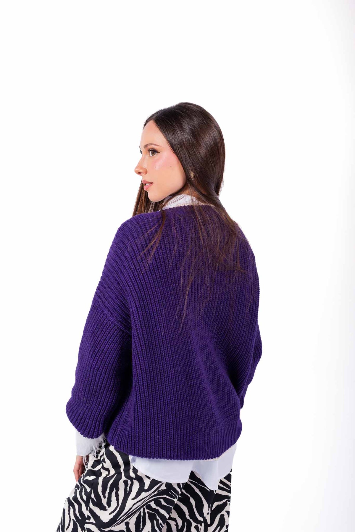 Cardigan Oversize Viola con Profili a Contrasto donna Miss love - 5