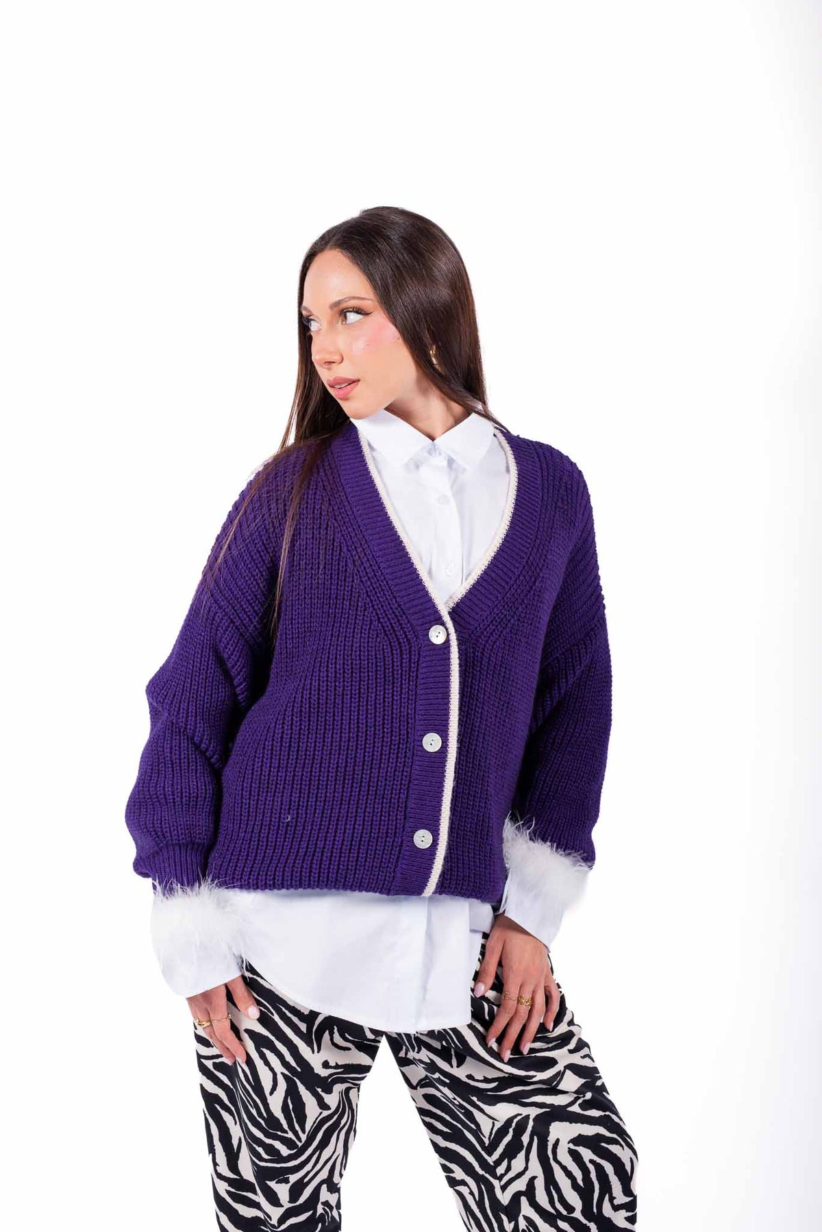 Cardigan Oversize Viola con Profili a Contrasto donna Miss love - 1
