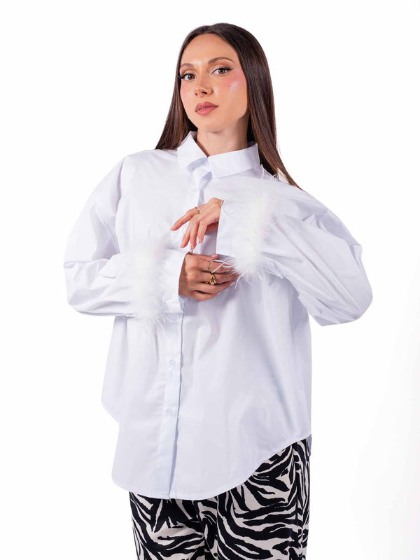 Camicia Bianca Oversize con Piume sui Polsini da donna Miss love