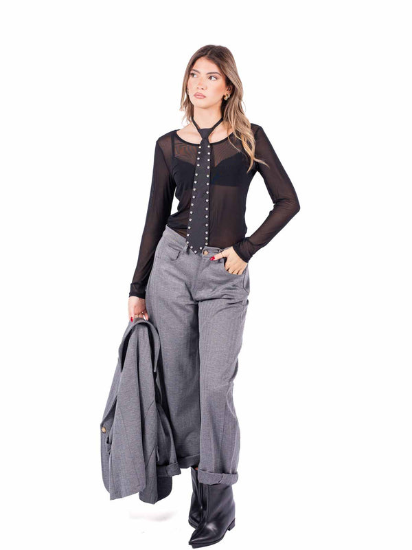 Maglia Manica Lunga in Mesh Nero da donna Miss love