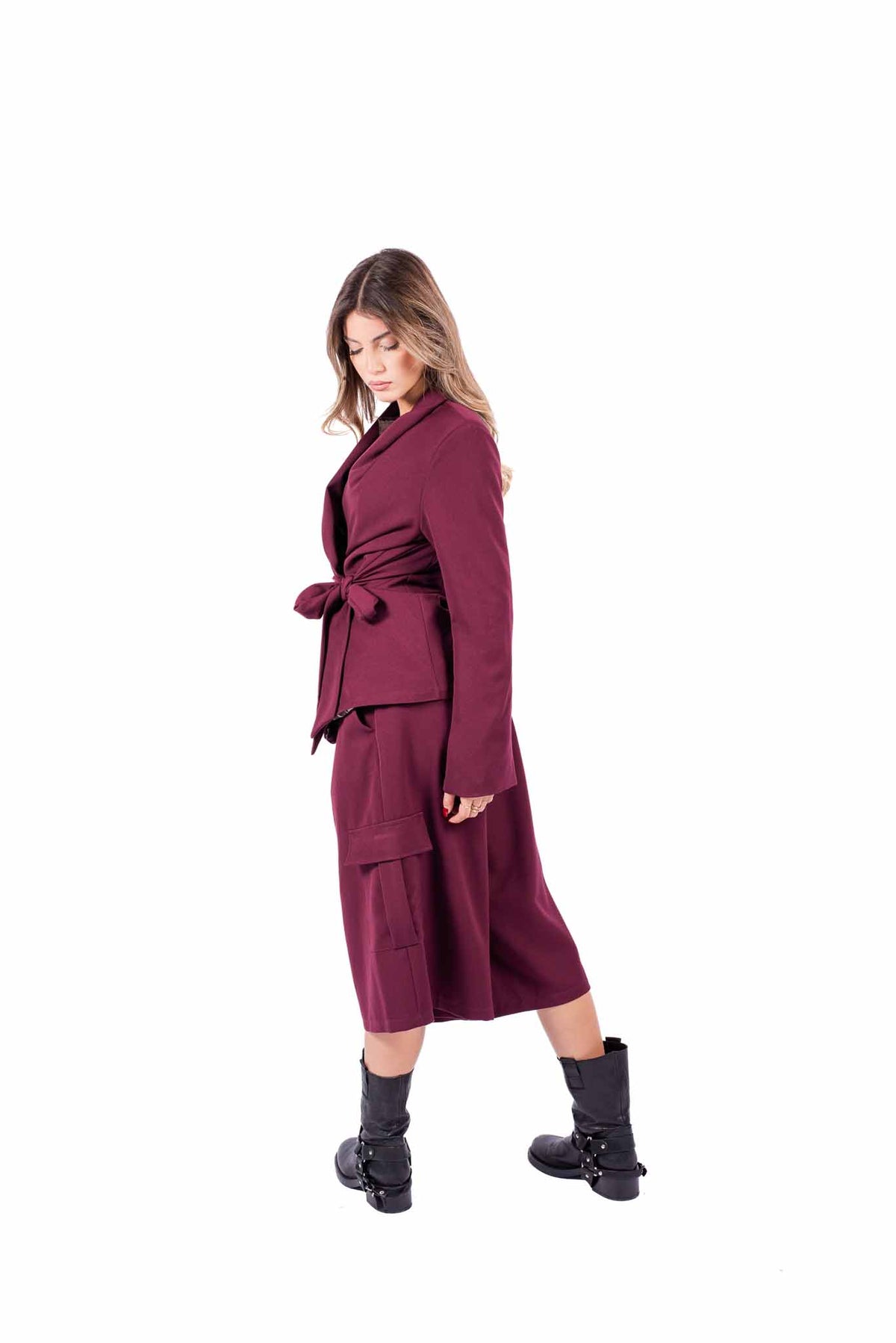 Blazer Bordeaux con Cintura Annodabile e Fodera Leopardata donna Miss love - 2
