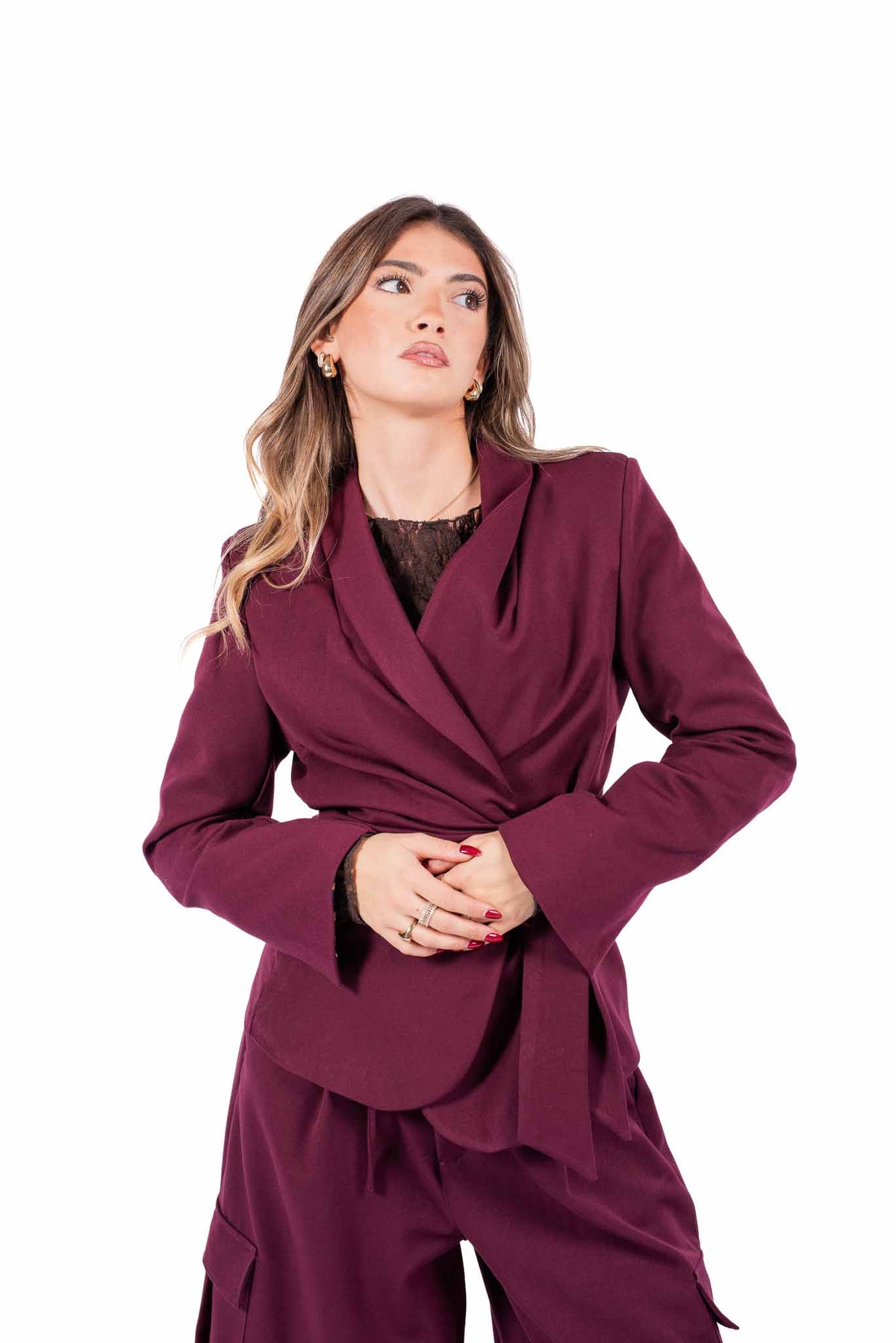 Blazer Bordeaux con Cintura Annodabile e Fodera Leopardata donna Miss love - 3