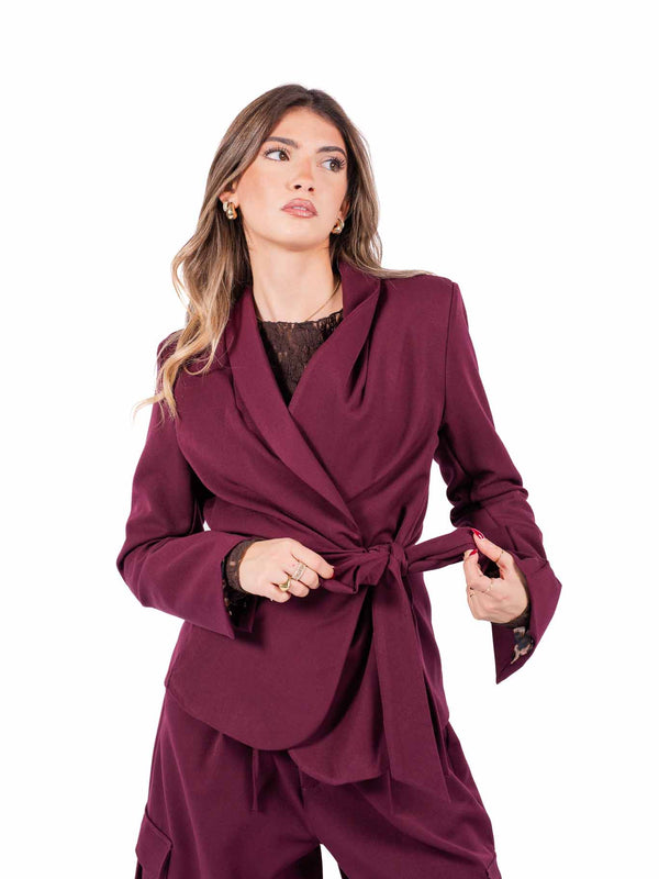 Blazer Bordeaux con Cintura Annodabile e Fodera Leopardata da donna Miss love