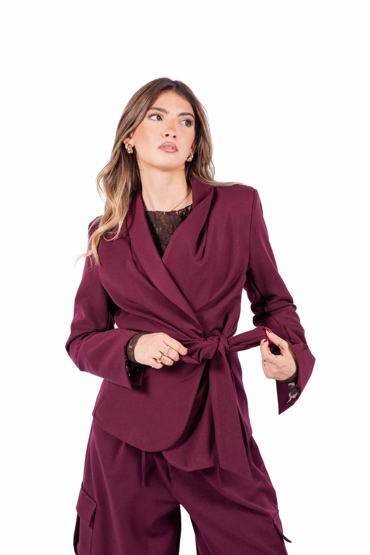 Blazer Bordeaux con Cintura Annodabile e Fodera Leopardata donna Miss love - 1