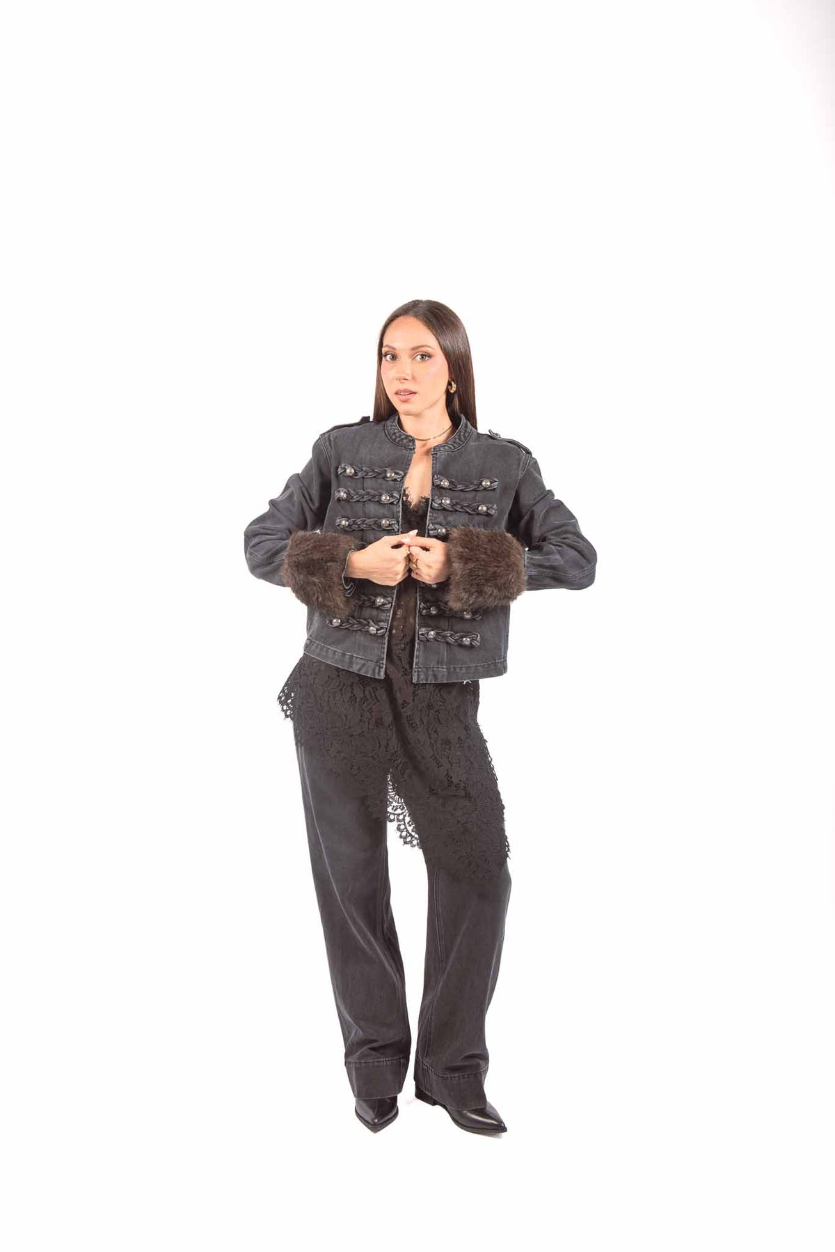Giacca Military Style Denim Nero con Polsi in Ecopelliccia donna Tensione in - 2