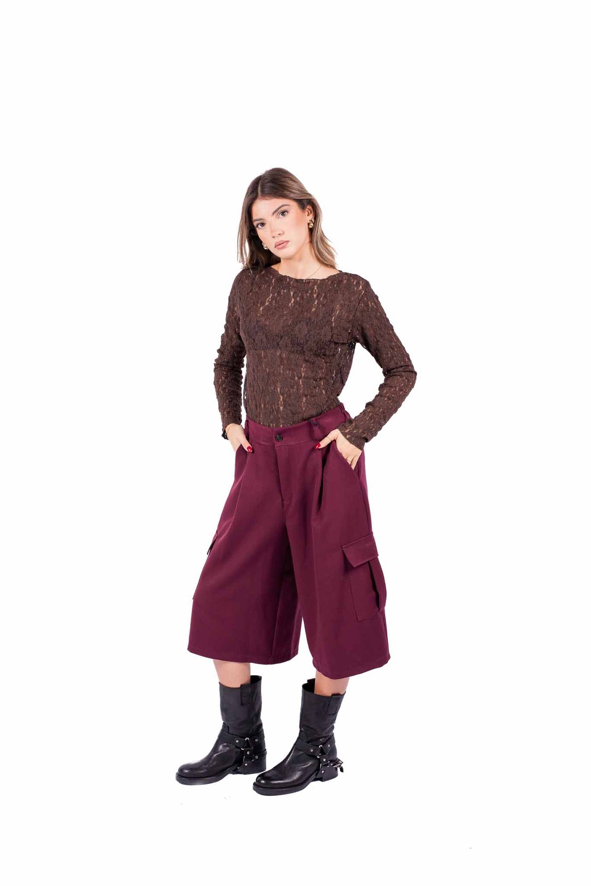 Maglia Maniche Lunghe in Pizzo Trasparente Cioccolato donna Miss love - 3