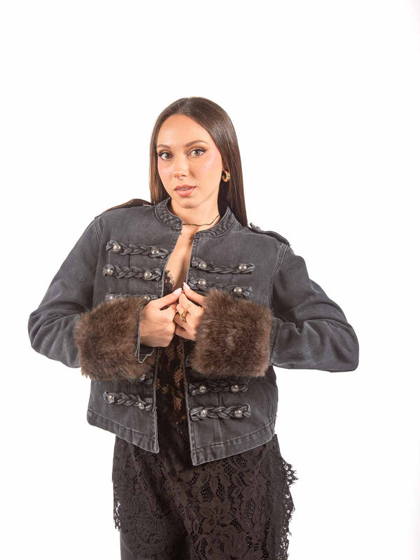 Giacca Military Style Denim Nero con Polsi in Ecopelliccia da donna Tensione in