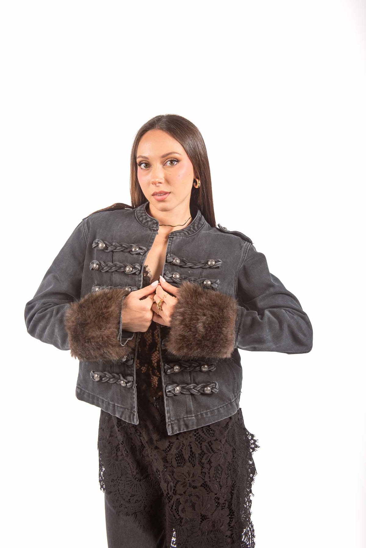 Giacca Military Style Denim Nero con Polsi in Ecopelliccia donna Tensione in - 1