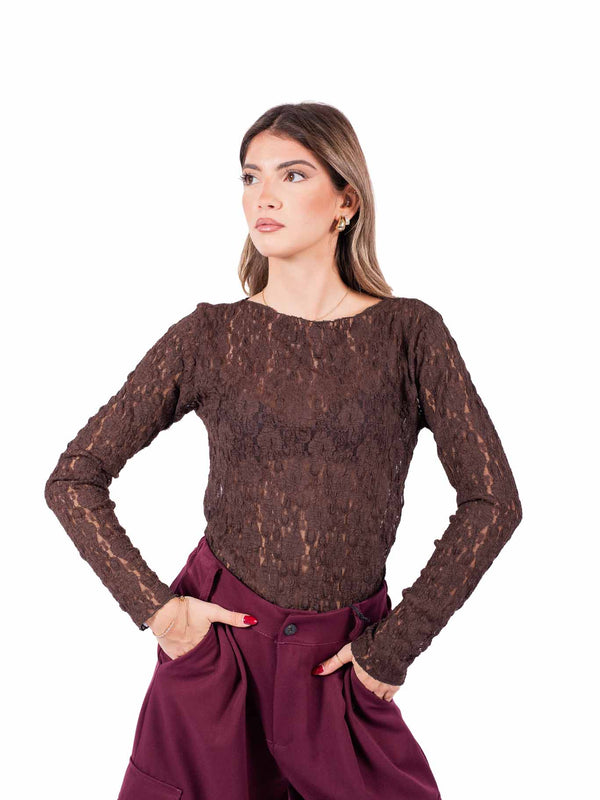 Maglia Maniche Lunghe in Pizzo Trasparente Cioccolato da donna Miss love