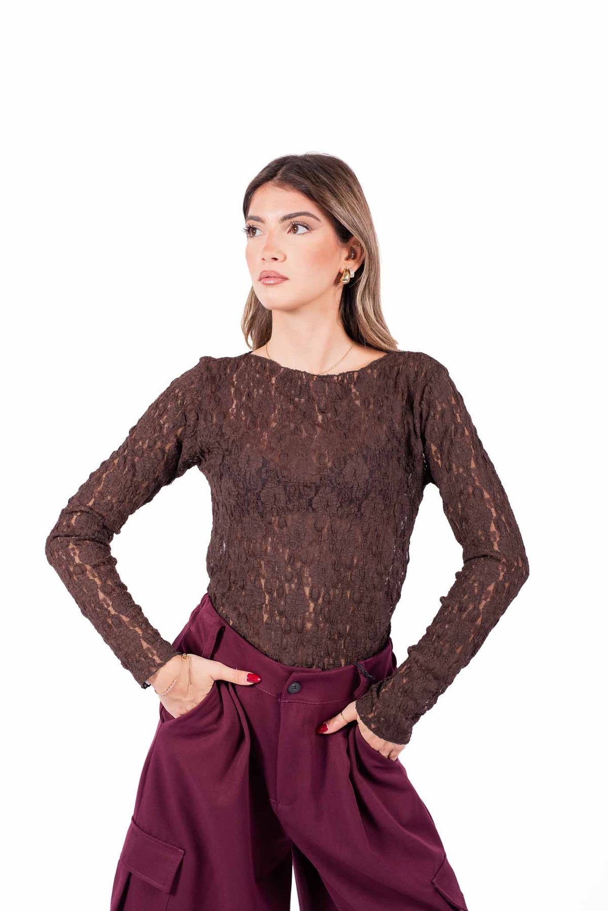 Maglia Maniche Lunghe in Pizzo Trasparente Cioccolato donna Miss love - 1