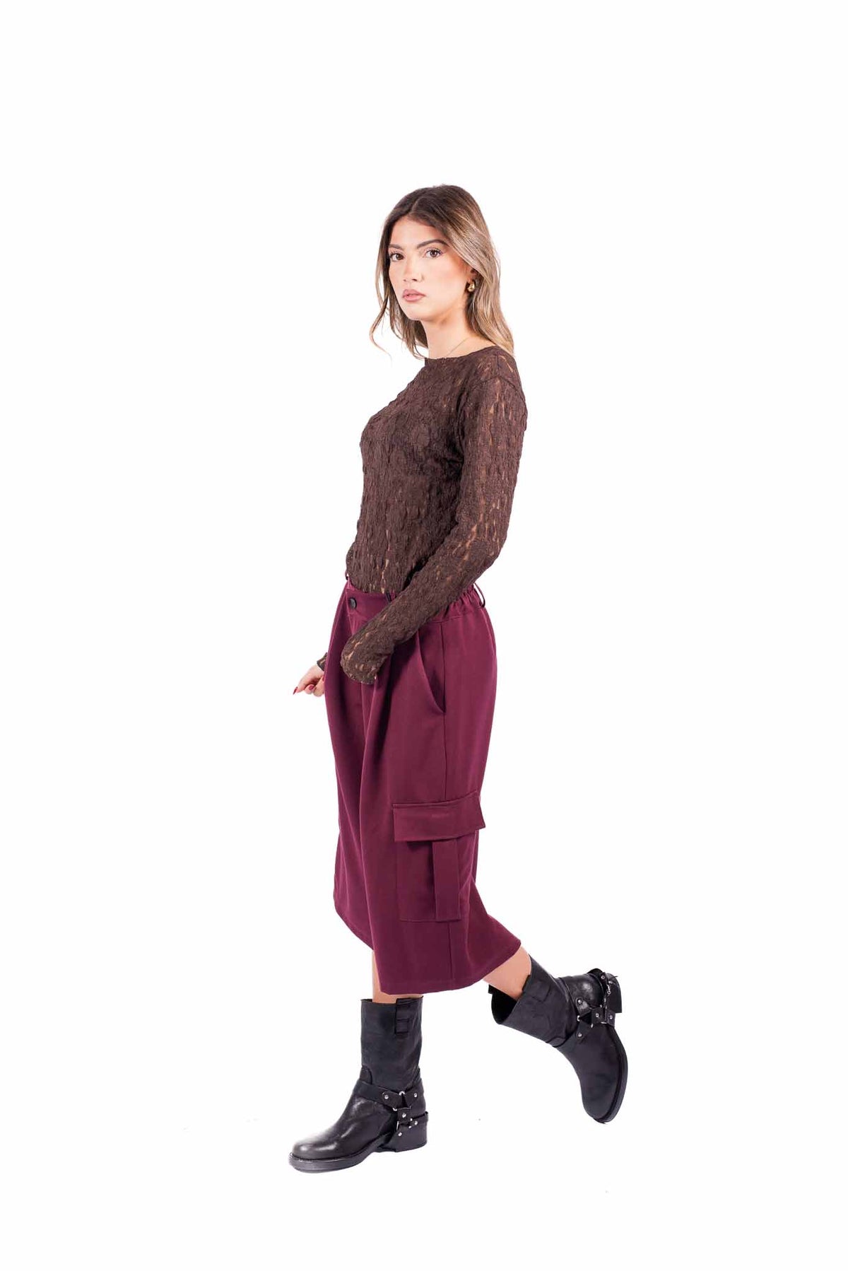 Maglia Maniche Lunghe in Pizzo Trasparente Cioccolato donna Miss love - 6