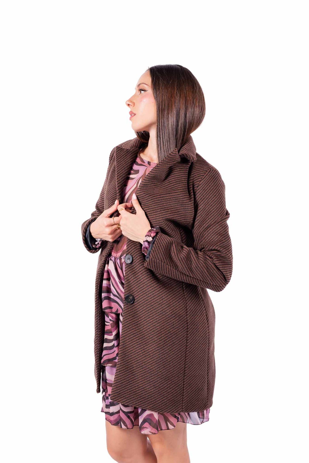 Cappotto Corto Marrone a Righe Diagonali donna Miss love - 4
