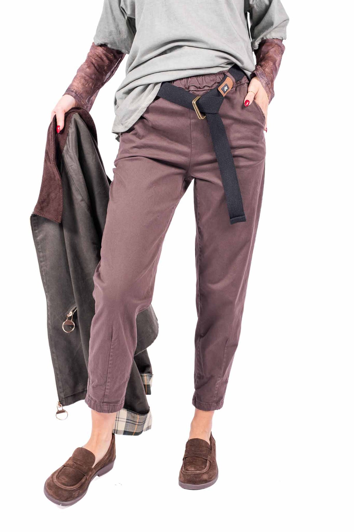 Pantaloni Chino Cioccolato con Cintura donna Miss love - 1