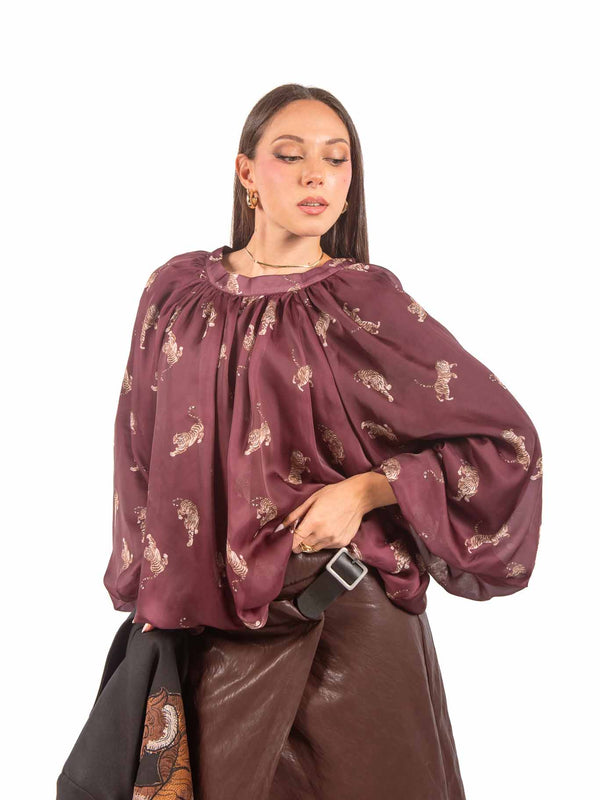 Blusa in Satin Bordeaux con Stampe Tigre da donna Tensione in