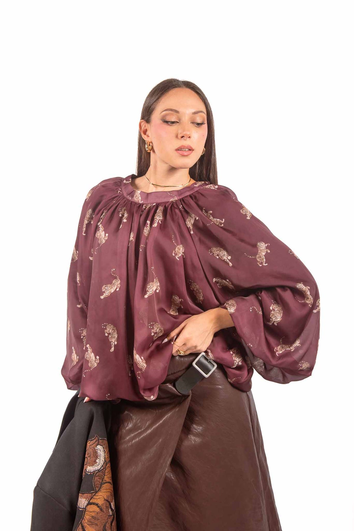 Blusa in Satin Bordeaux con Stampe Tigre donna Tensione in - 1