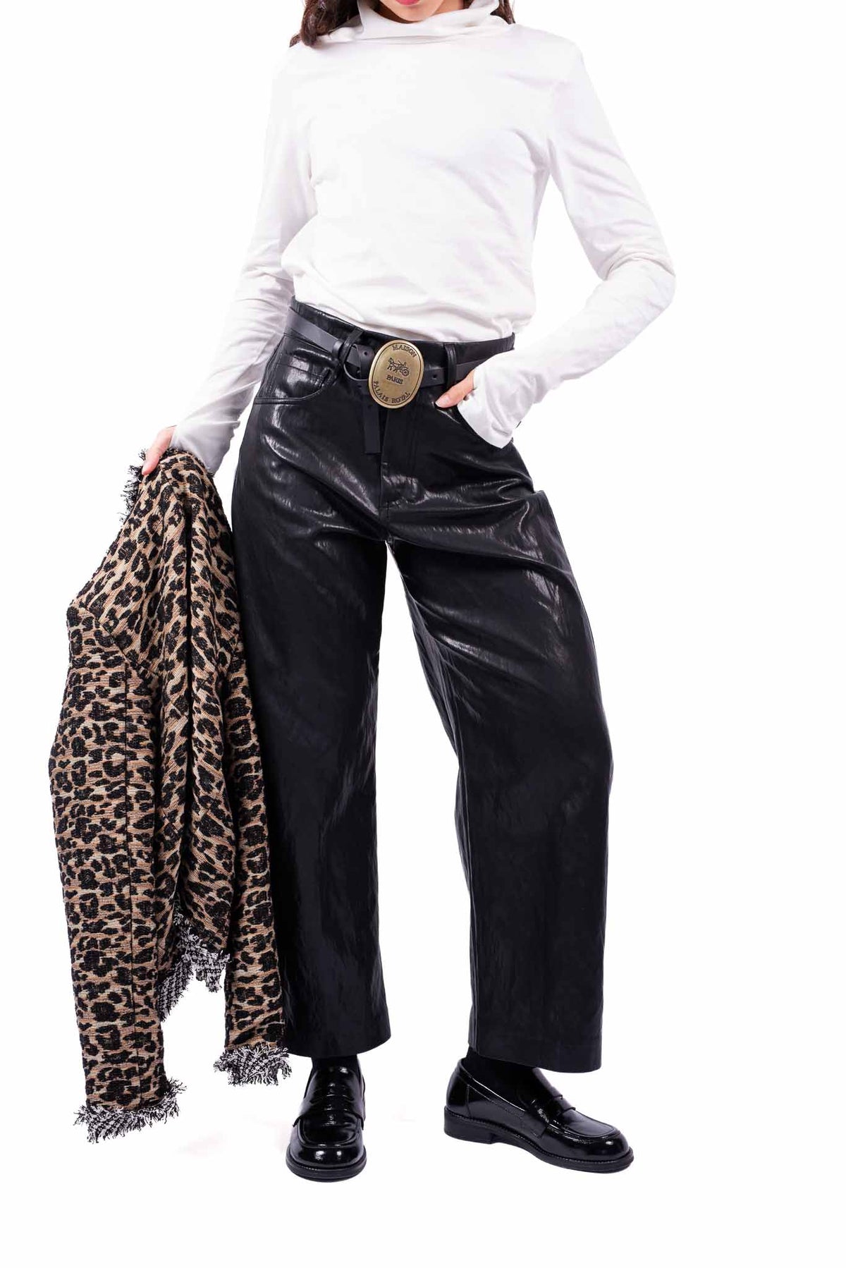 Pantaloni in Ecopelle Nera con Cintura donna Tensione in - 1