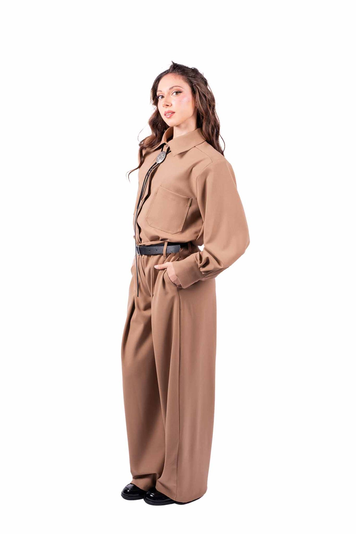 Pantaloni Palazzo Cammello con Cintura donna Tensione in - 6