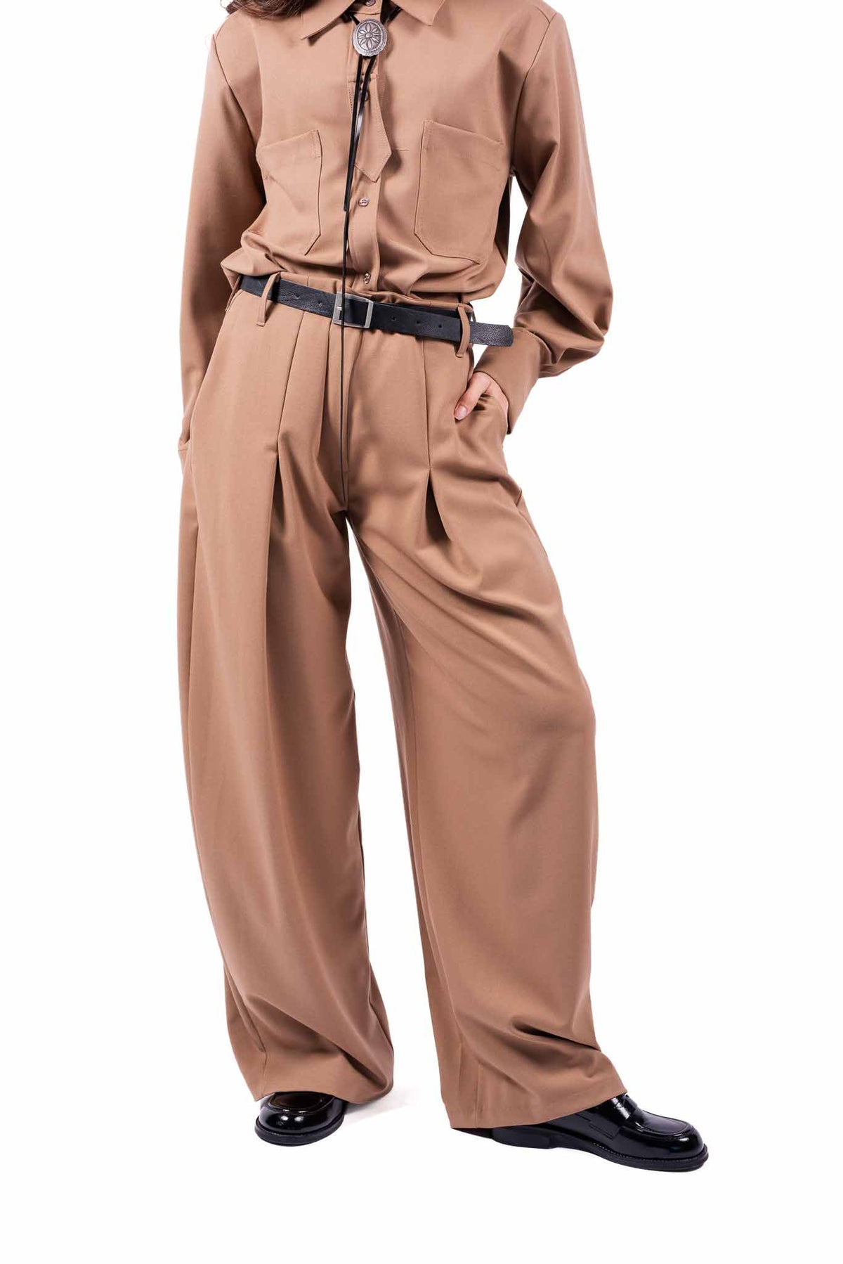 Pantaloni Palazzo Cammello con Cintura donna Tensione in - 1