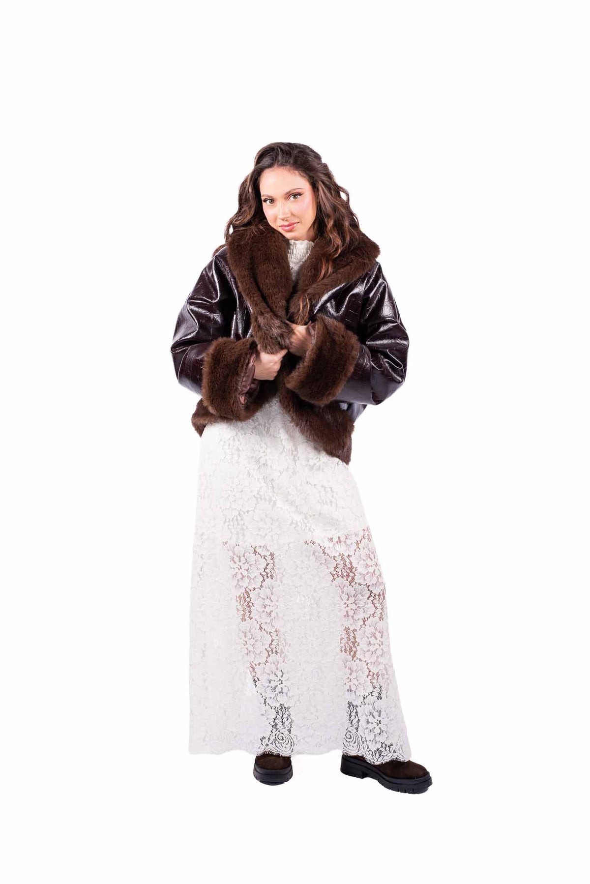 Bomber in Ecopelle Marrone con Ecopelliccia donna Tensione in - 2