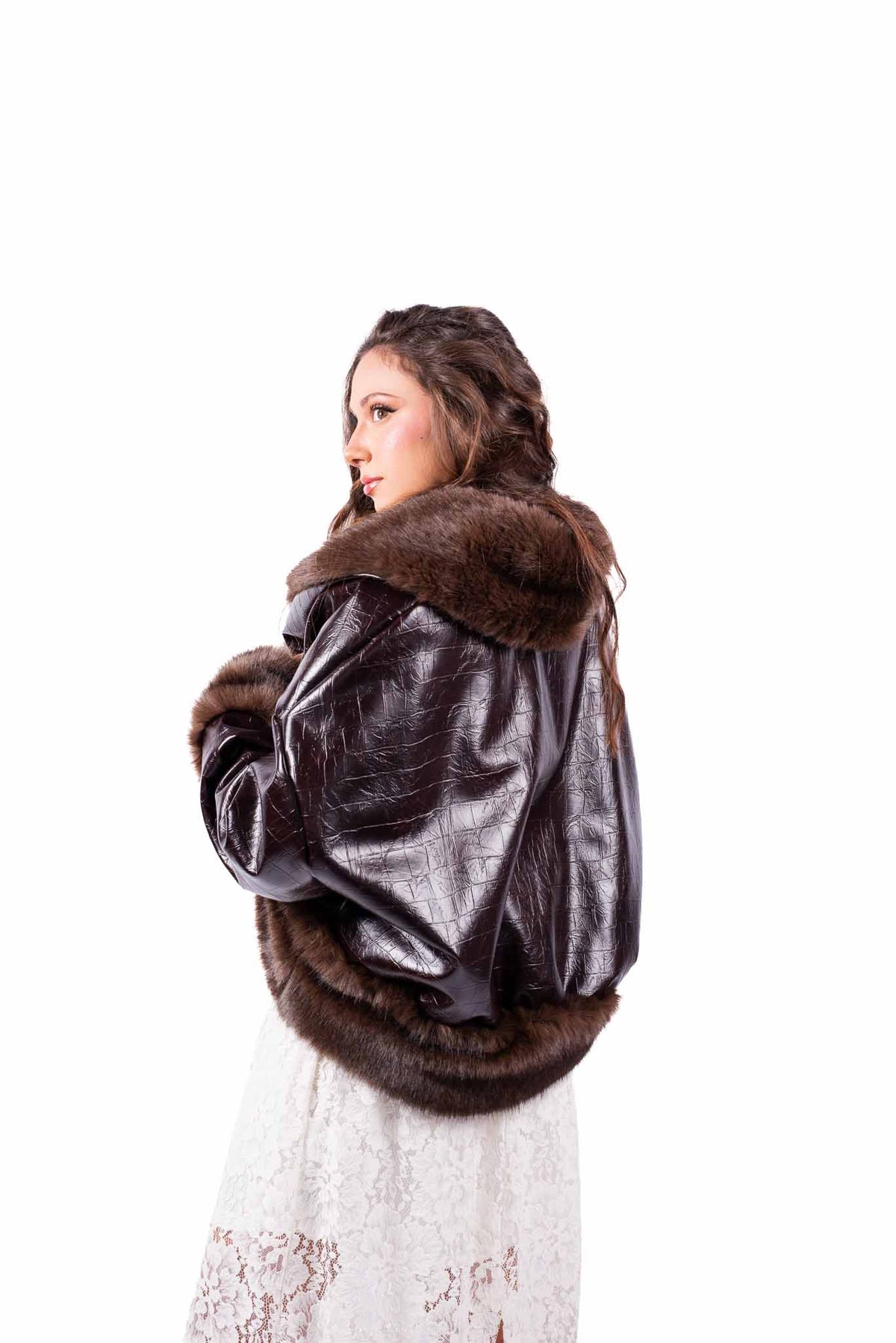 Bomber in Ecopelle Marrone con Ecopelliccia donna Tensione in - 3