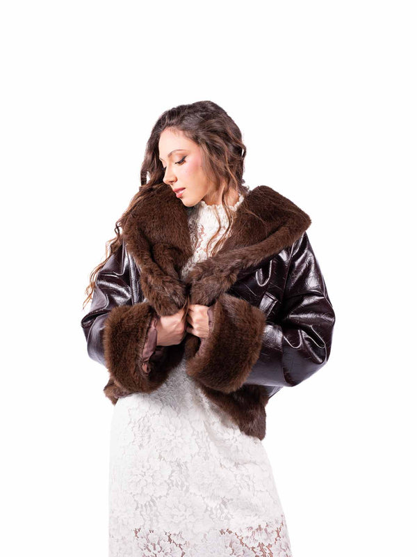 Bomber in Ecopelle Marrone con Ecopelliccia da donna Tensione in