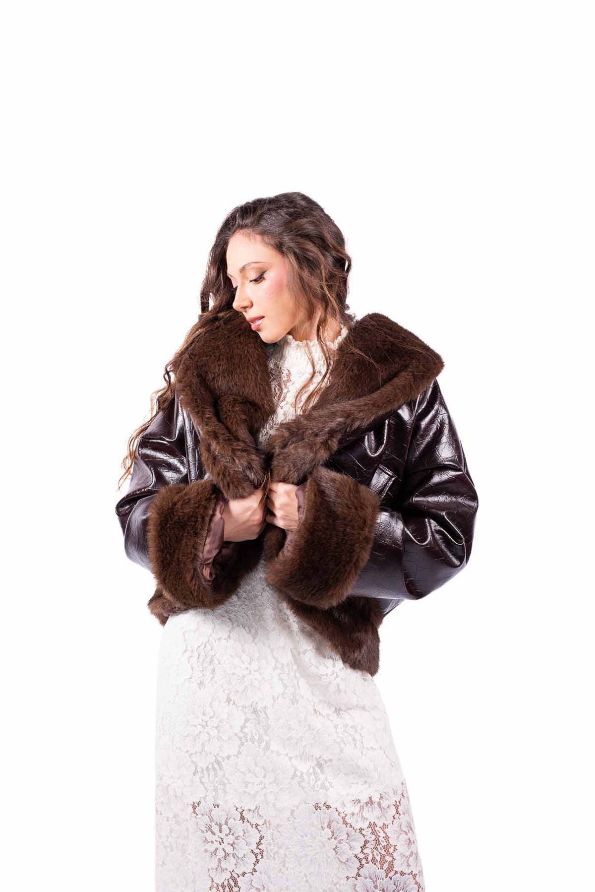 Bomber in Ecopelle Marrone con Ecopelliccia donna Tensione in - 1