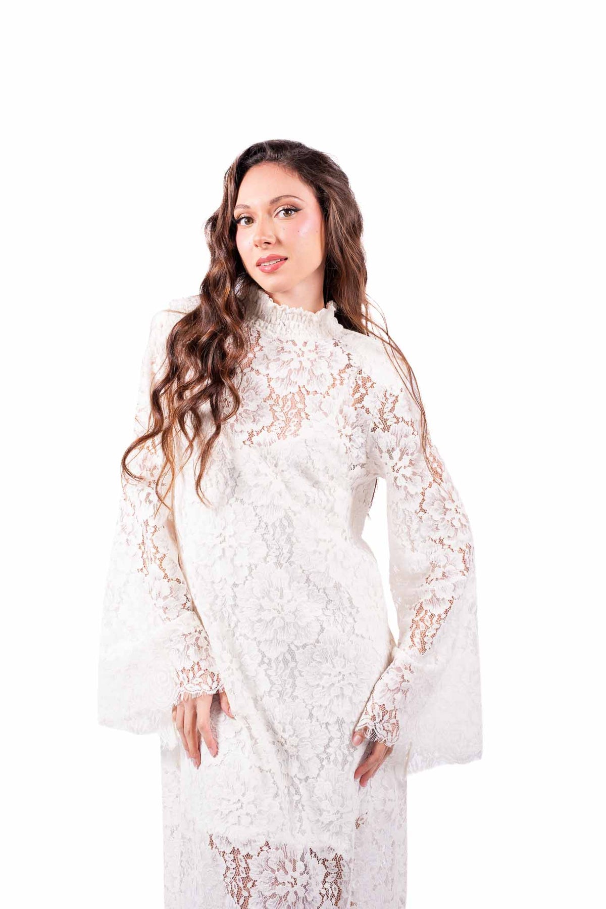 Abito Lungo in Pizzo Floreale Panna con Sottoveste Coordinata donna Tensione in - 1
