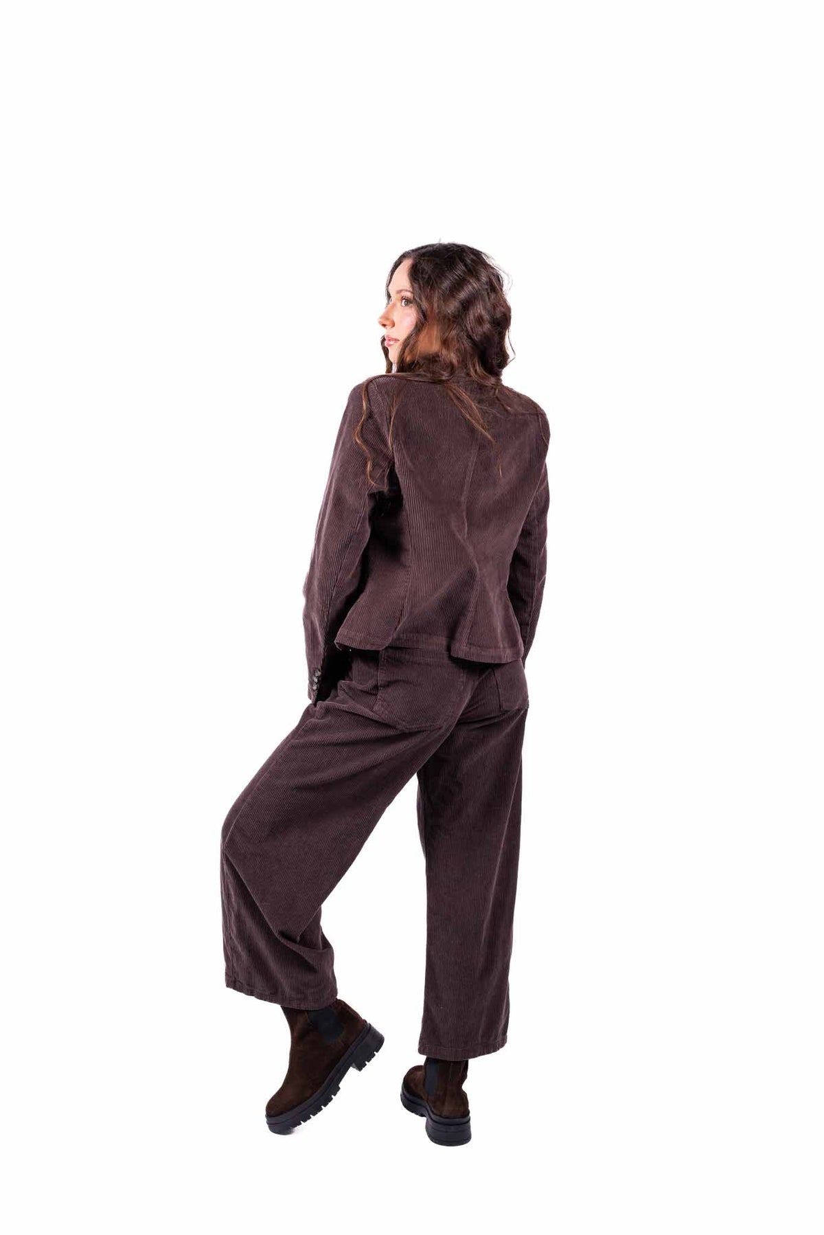Pantaloni Wide Leg in Velluto a Coste Cioccolato con Cintura donna Tensione in - 6