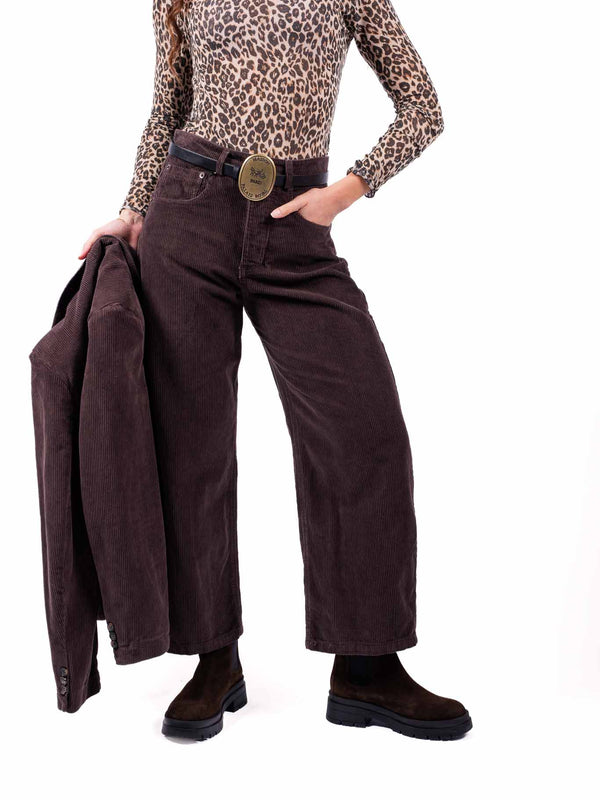 Pantaloni Wide Leg in Velluto a Coste Cioccolato con Cintura da donna Tensione in