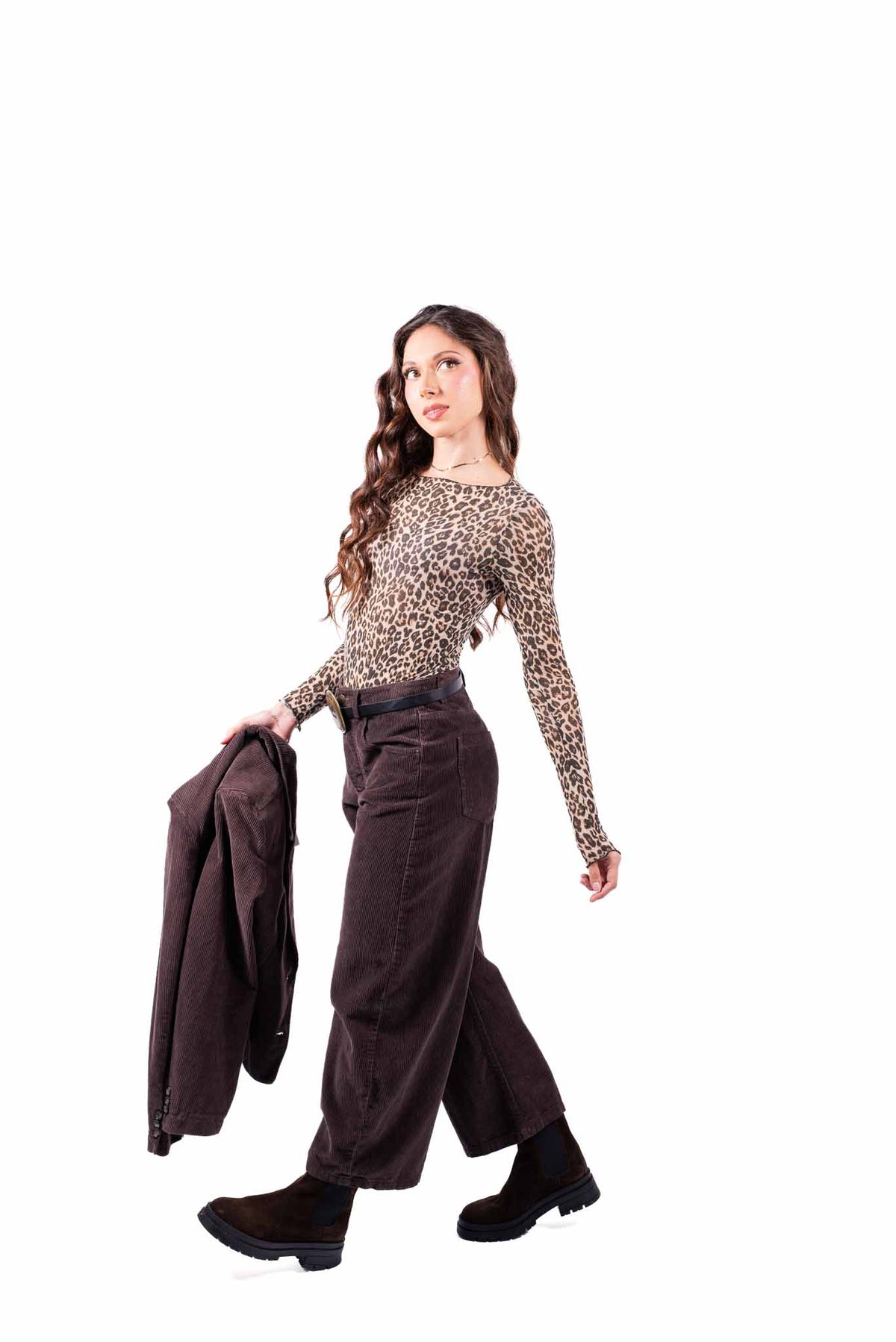 Pantaloni Wide Leg in Velluto a Coste Cioccolato con Cintura donna Tensione in - 4