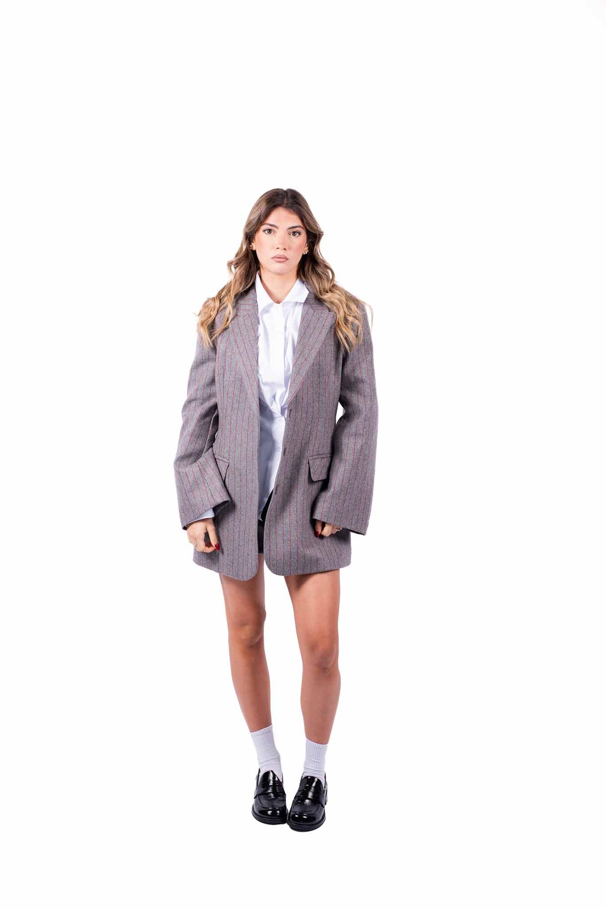 Cappotto Blazer Oversize Grigio Gessato Rosso donna Tensione in - 5