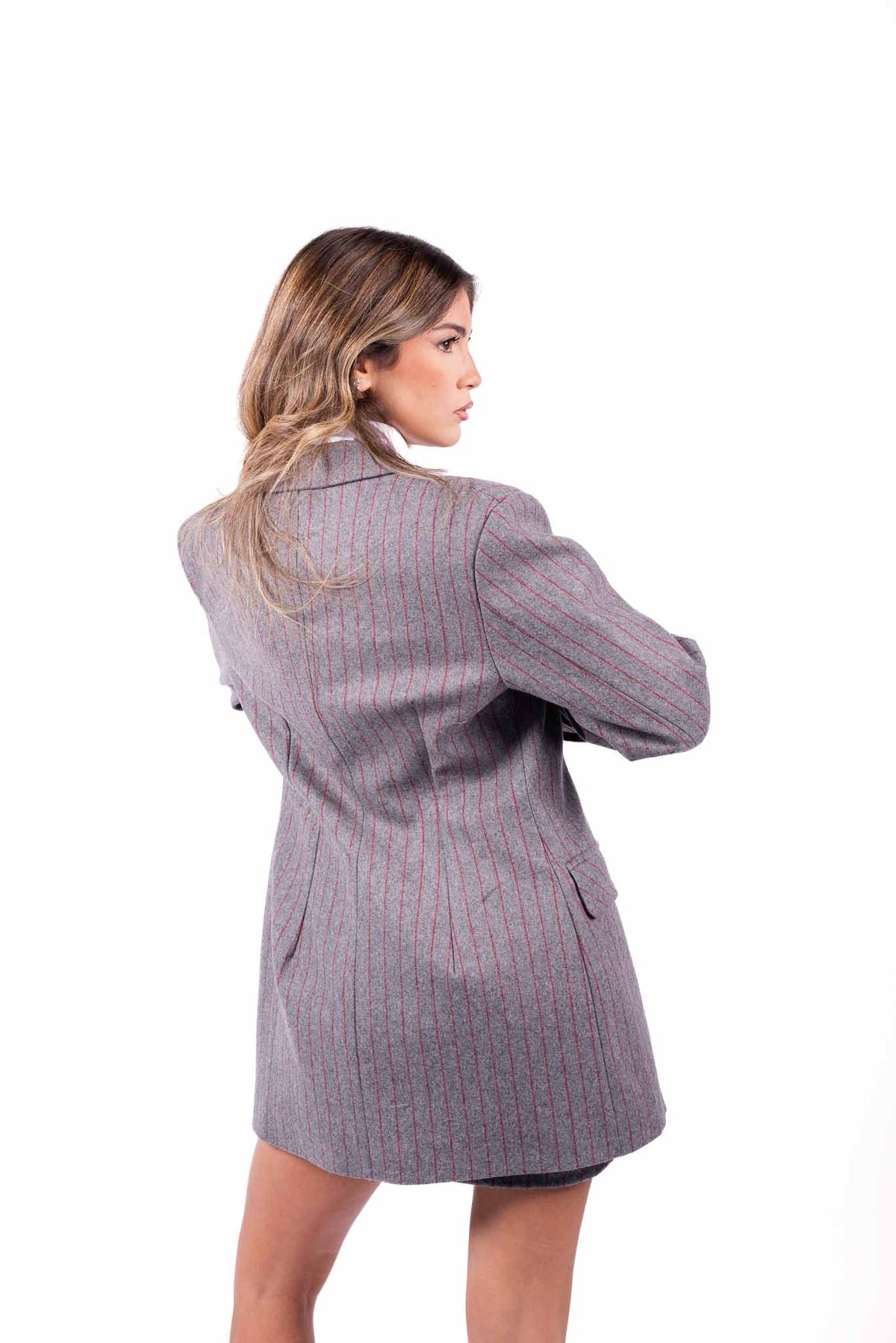 Cappotto Blazer Oversize Grigio Gessato Rosso donna Tensione in - 2