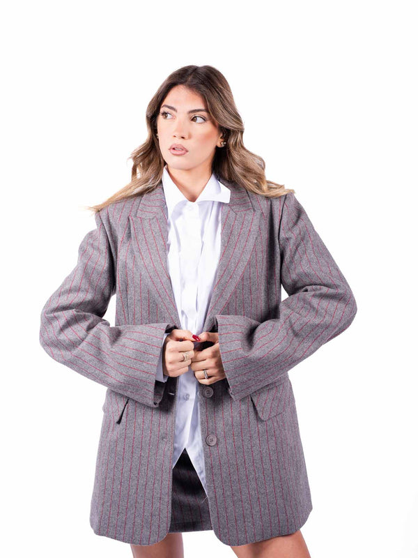 Cappotto Blazer Oversize Grigio Gessato Rosso da donna Tensione in