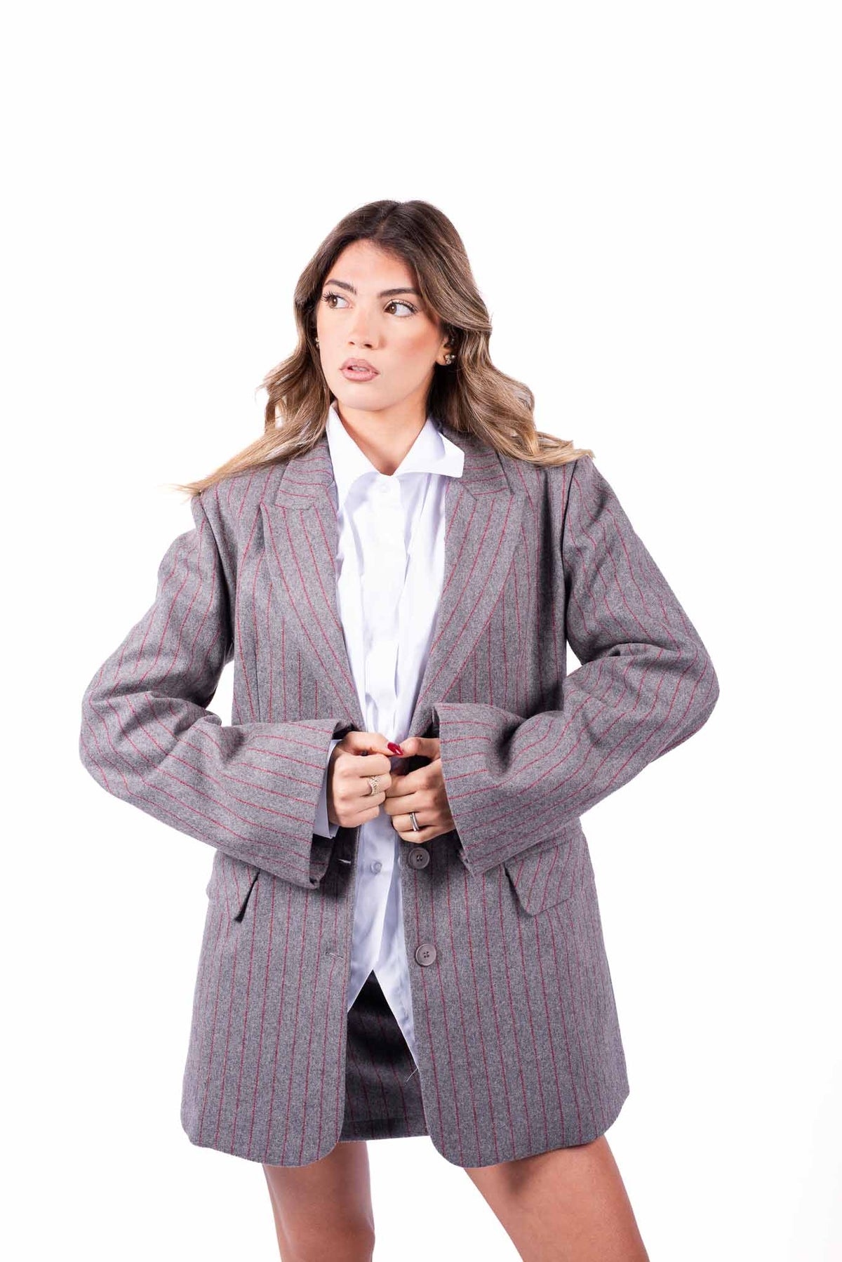 Cappotto Blazer Oversize Grigio Gessato Rosso donna Tensione in - 1