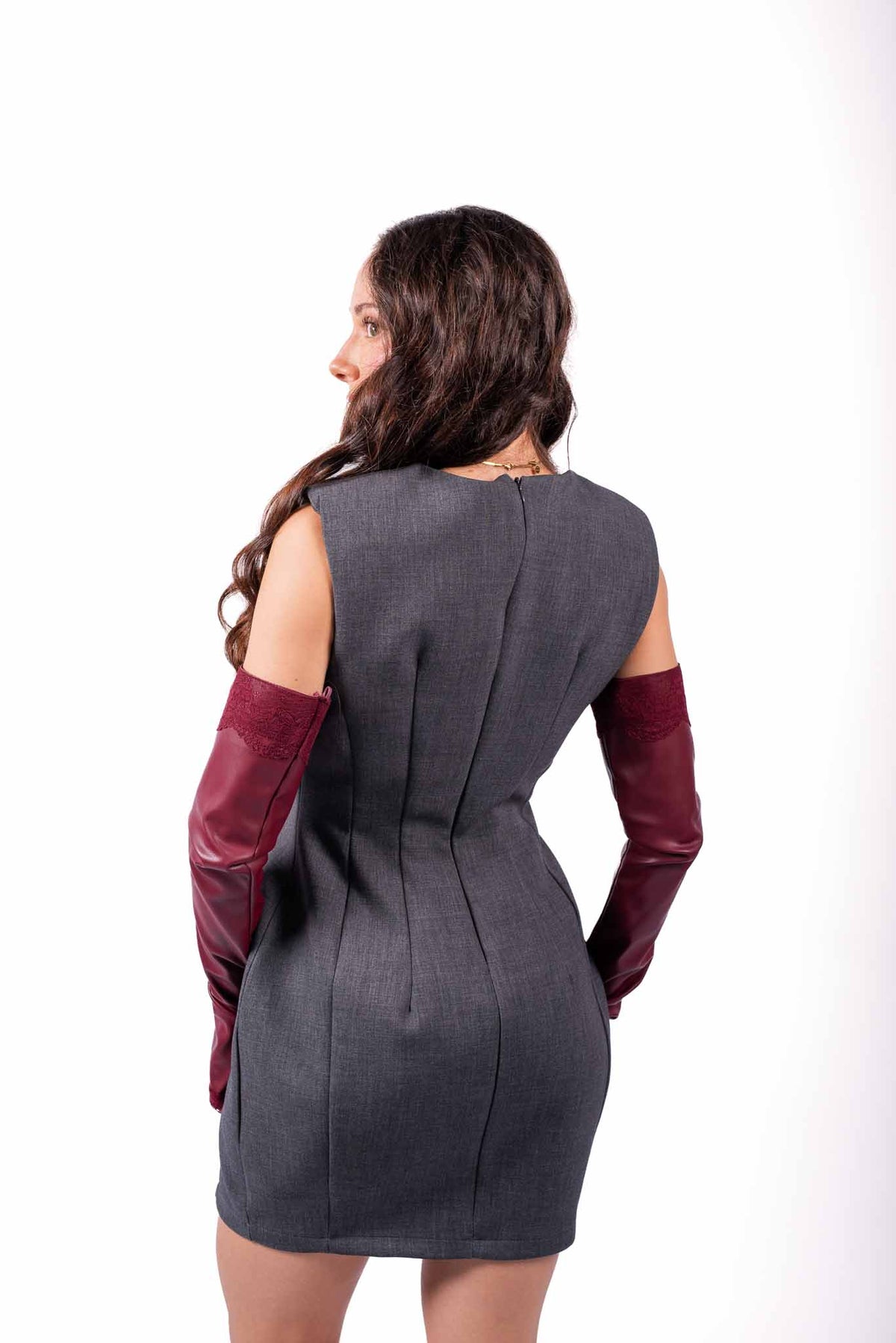 Abito Midi Sartoriale Grigio con Manicotti in Ecopelle donna Tensione in - 2