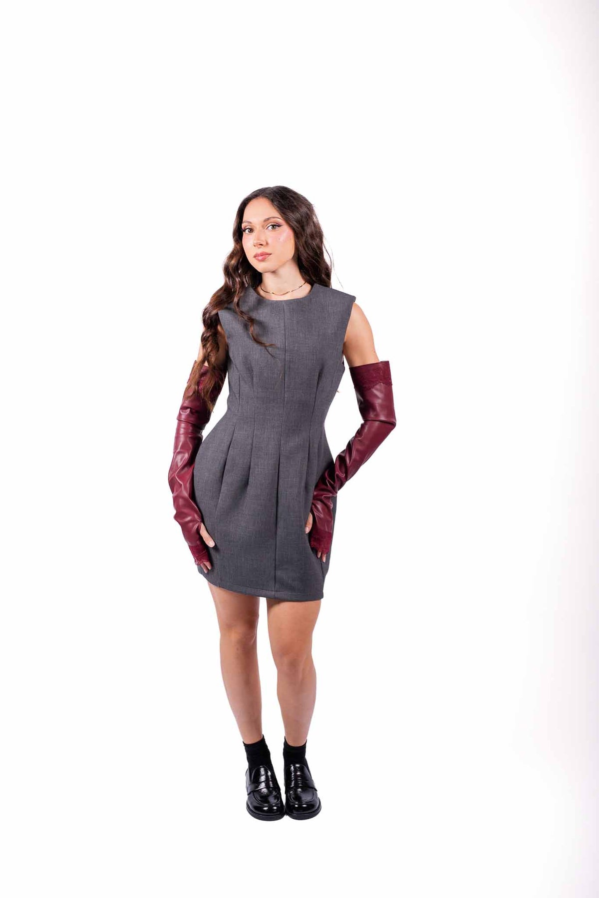 Abito Midi Sartoriale Grigio con Manicotti in Ecopelle donna Tensione in - 3