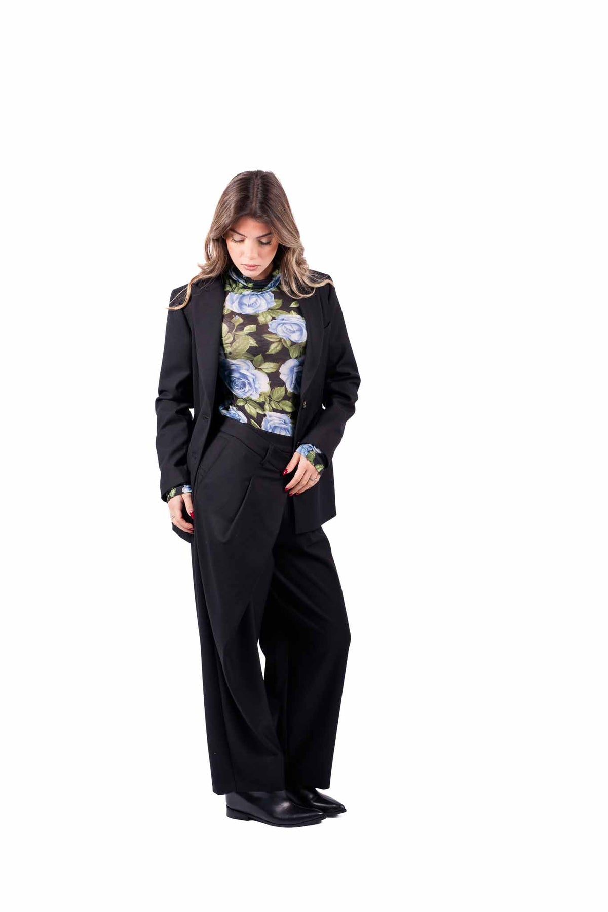 Pantaloni Wide Leg Neri con Abbottonatura Asimmetrica donna Tensione in - 6
