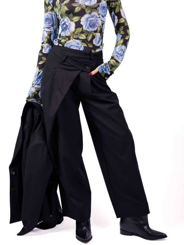 Pantaloni Wide Leg Neri con Abbottonatura Asimmetrica da donna Tensione in