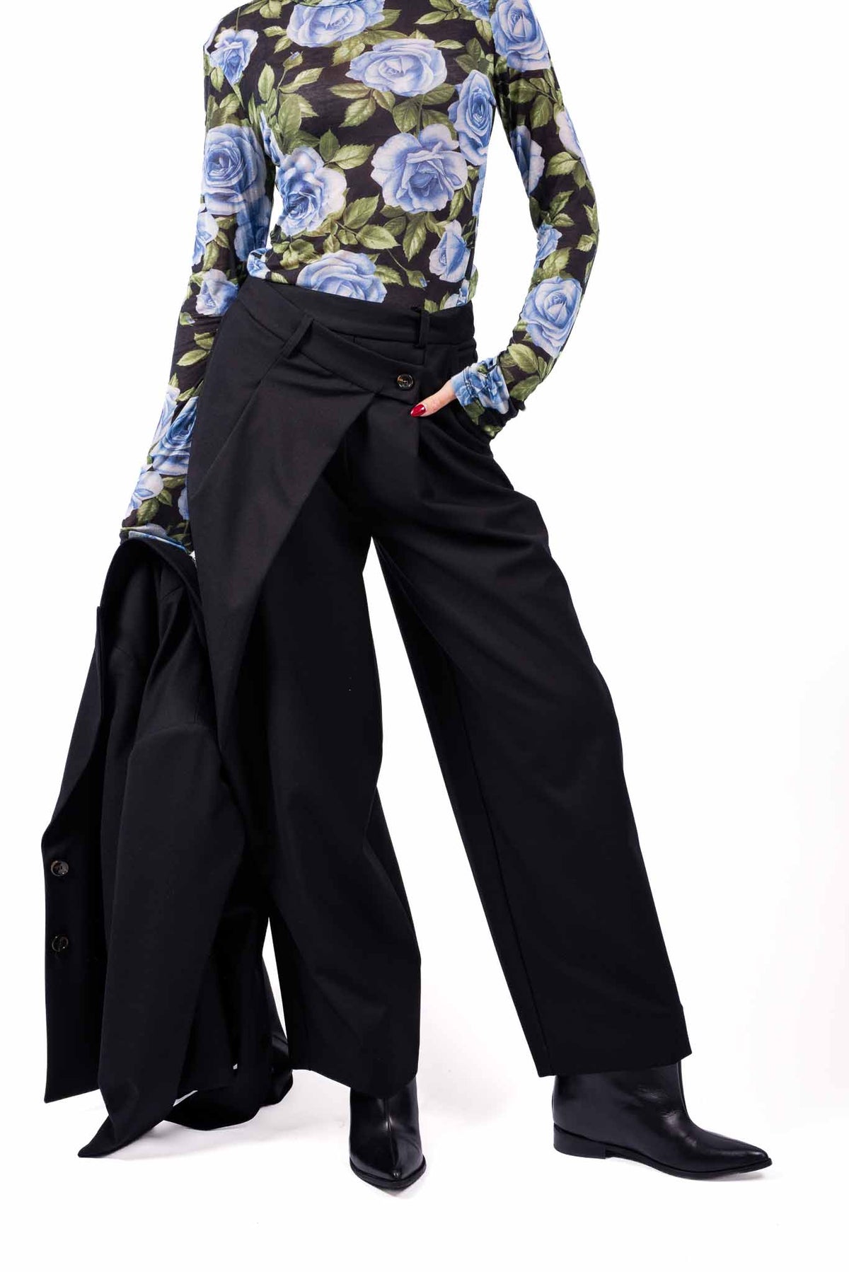 Pantaloni Wide Leg Neri con Abbottonatura Asimmetrica donna Tensione in - 1