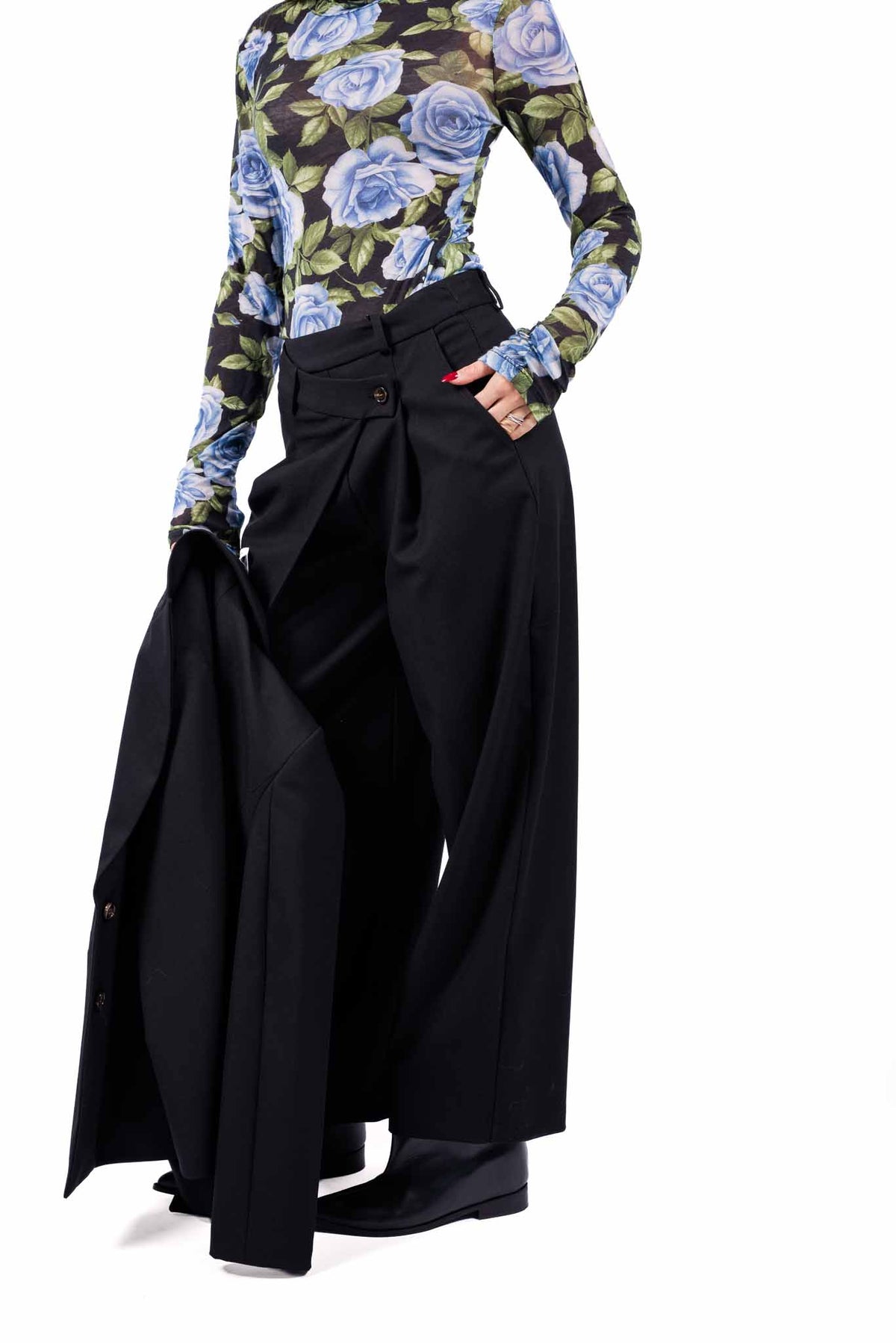 Pantaloni Wide Leg Neri con Abbottonatura Asimmetrica donna Tensione in - 2