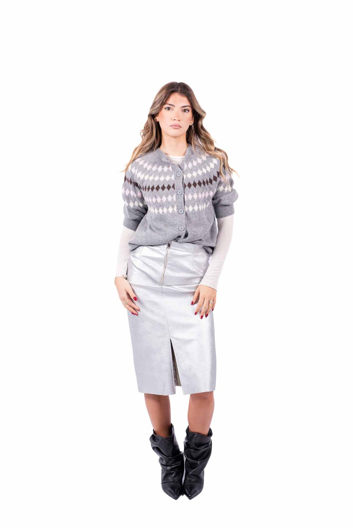 Cardigan Mezza Manica in Maglia Grigio con Motivo Jacquard donna Tensione in - 5